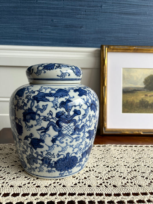 Hand-Painted Blue & White Ginger Jar – 6.5” Ceramic Lidded Vase