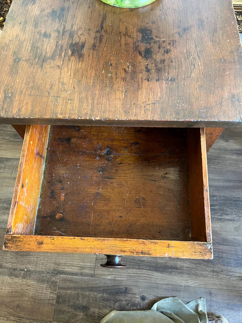 Early 1800s Antique Primitive Pine Side Table  Nightstand With Storage Drawer