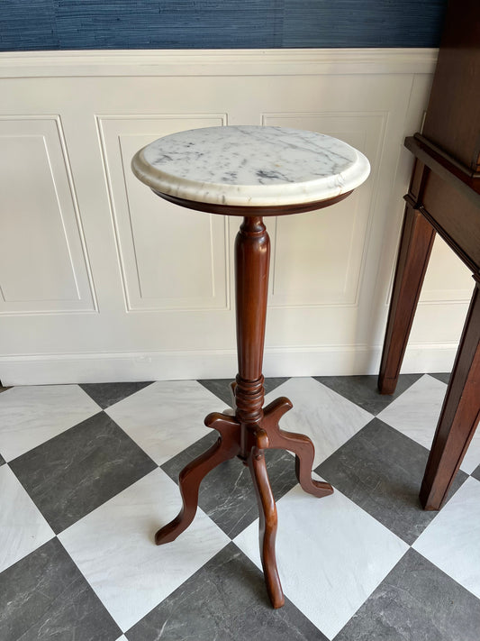 Italian Marble & Mahogany Pedestal Table – Vintage 1950s Plant or Display Stand