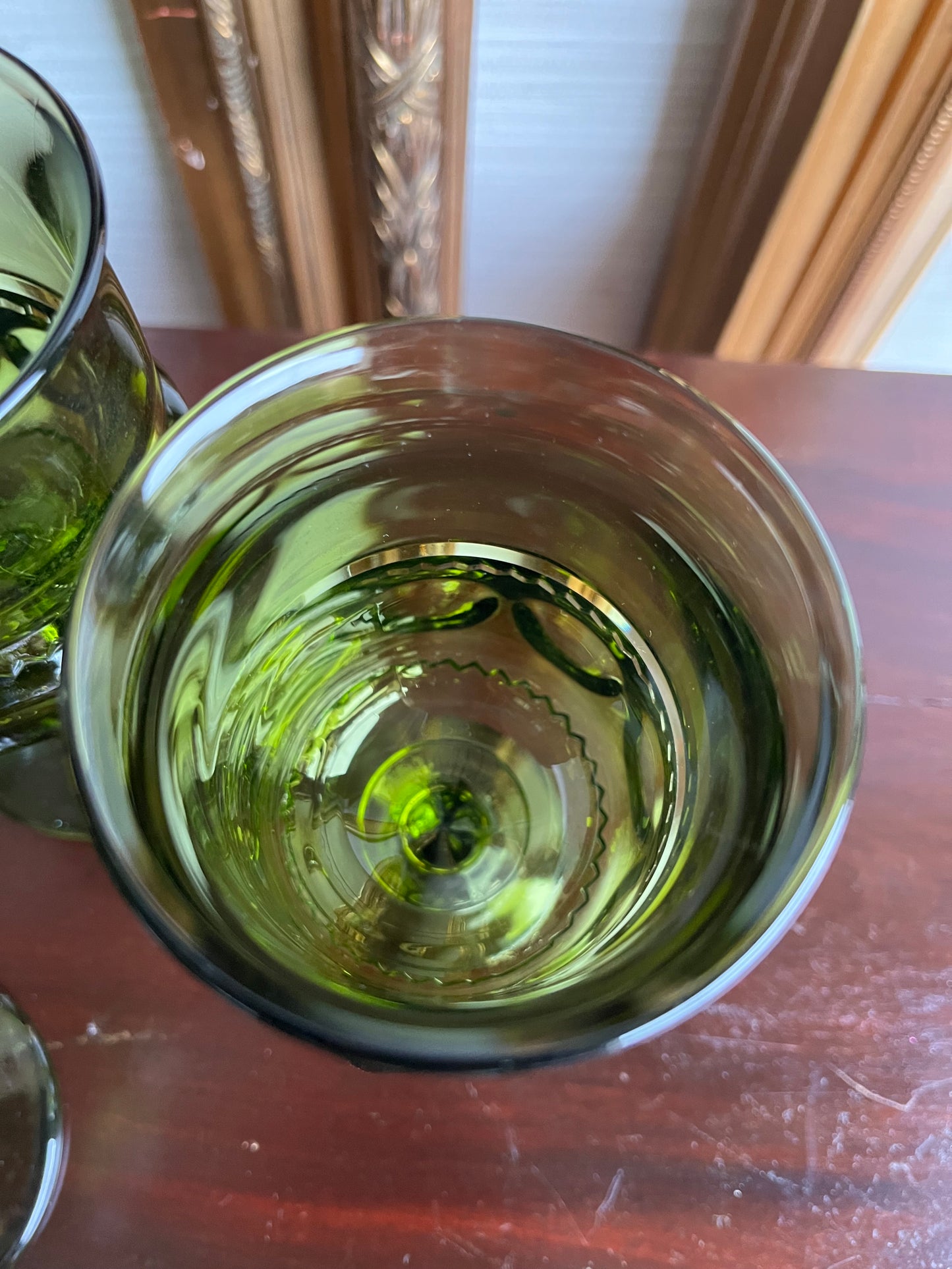 Mid Century Tiffin King's Crown Thumbprint Green Glass Wine Water Goblets Glasses- Set of 4