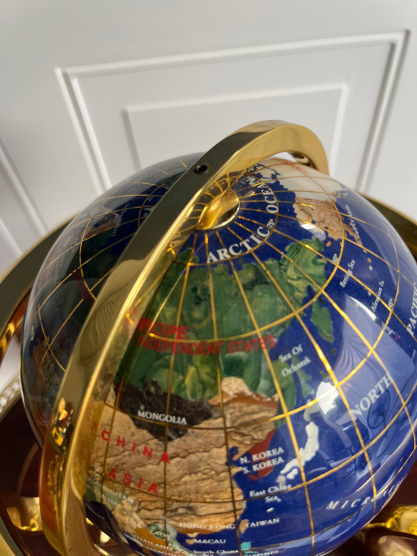 Vintage Blue Lapis Gemstone Desktop  Globe with Brass Stand – Semi-Precious Stone Inlay