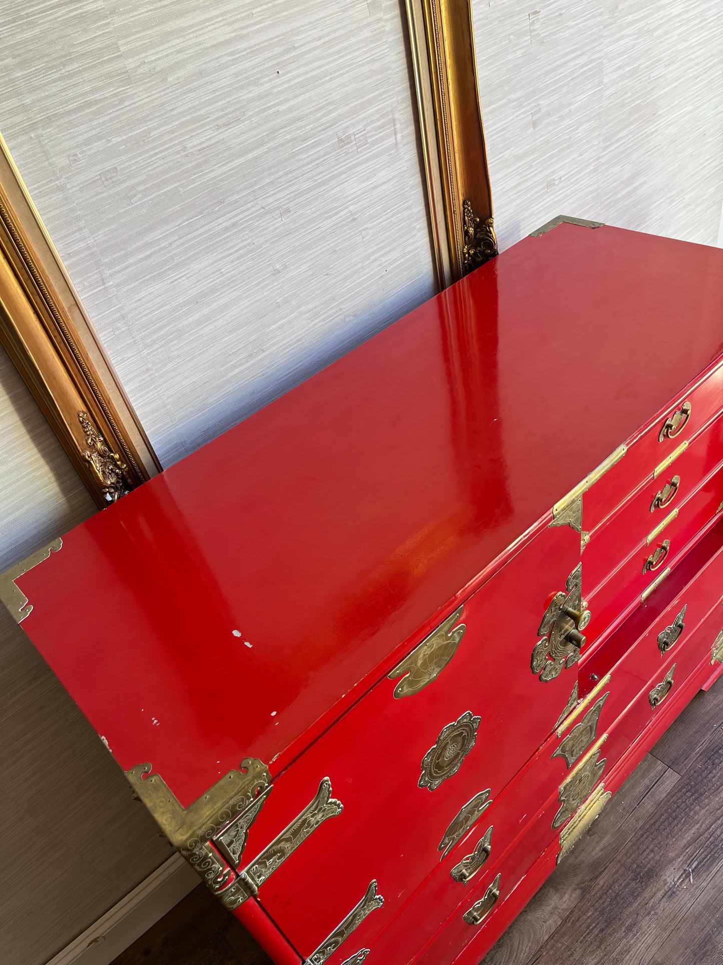 Mid 20th Century Red Lacquer Tansu Chest with Brass Butterfly Pulls