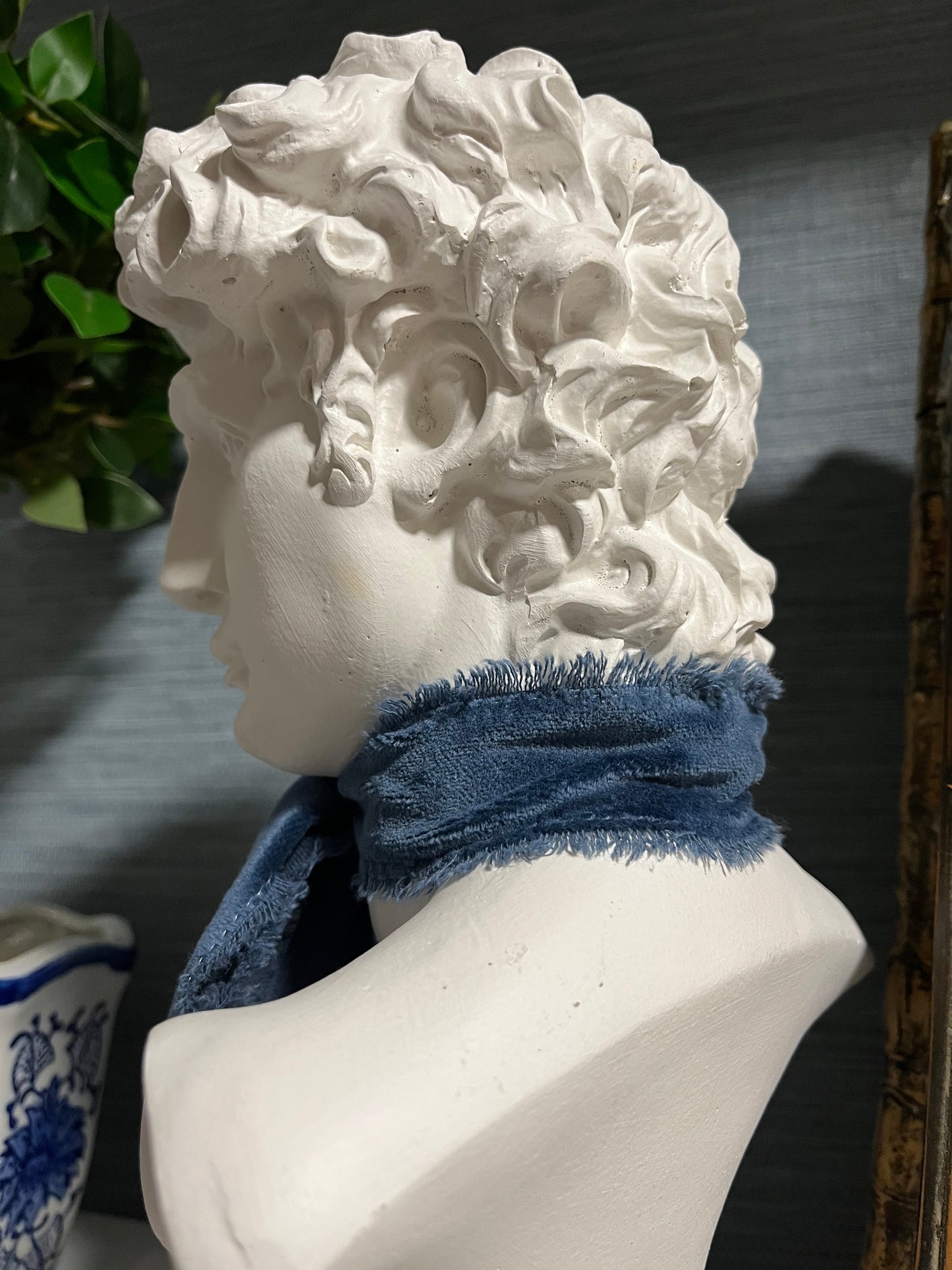 Michelangelo’s David Bust Sculpture with Blue Ribbon Accent