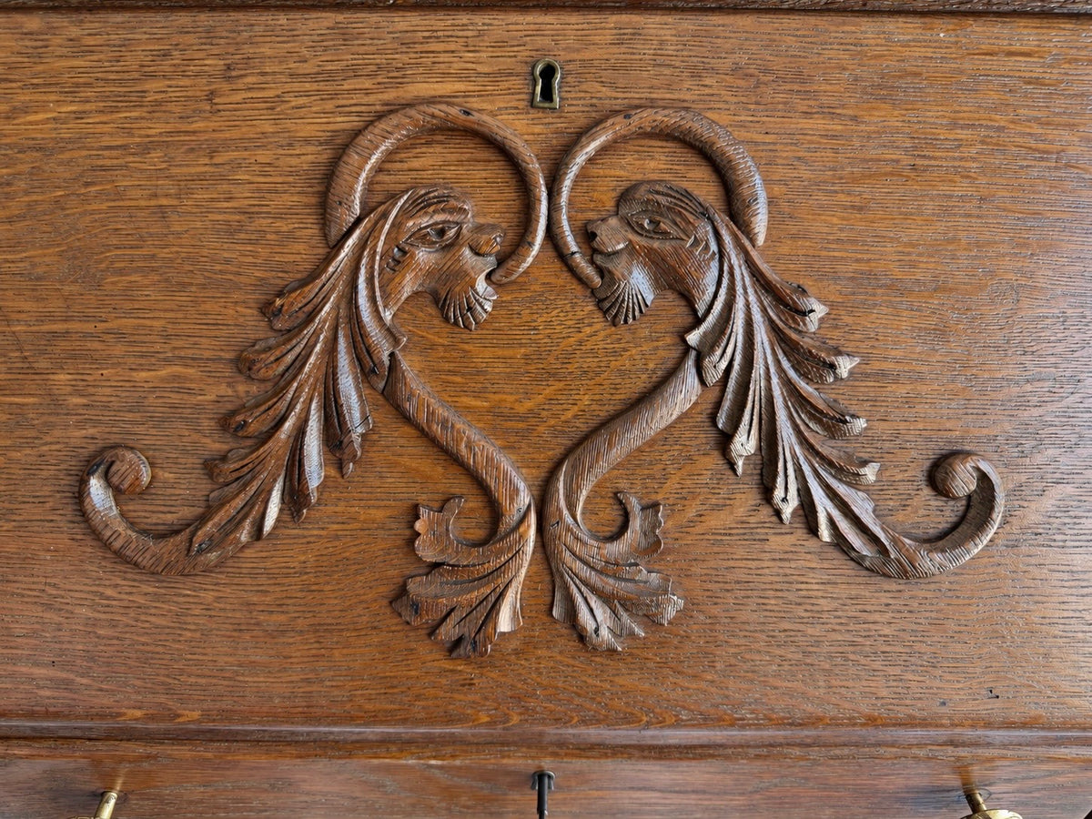 Petite Antique Oak Slant-Front Secretary Ladies Desk with Beveled Mirror & Ram’s-Head Carving