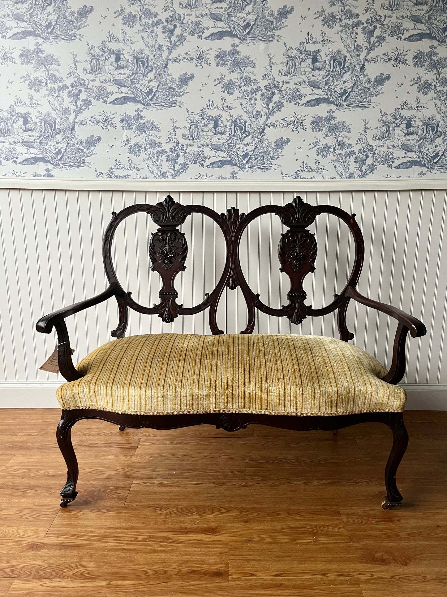 Antique Hand Carved Floral Settee Wood Bench With Original Wood Casters | 19th Century | Ships Free