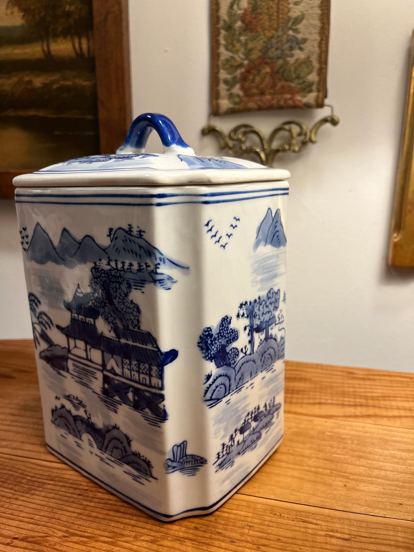 Vintage Chinoiserie Blue and White Ceramic Canister with Lid