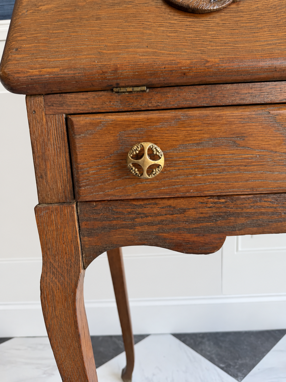 Petite Antique Oak Slant-Front Secretary Ladies Desk with Beveled Mirror & Ram’s-Head Carving