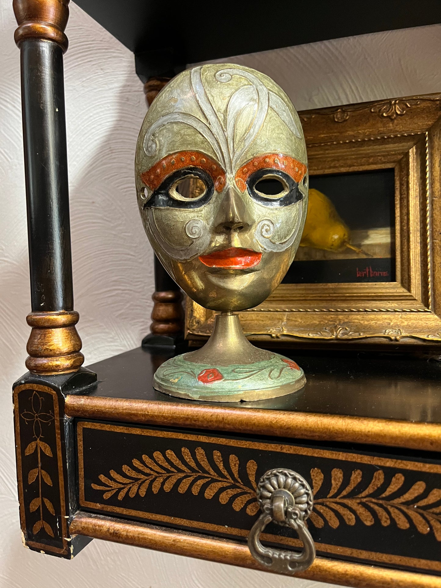 Vintage Enameled Brass Theatre Carnival Mask Figure, Made in India