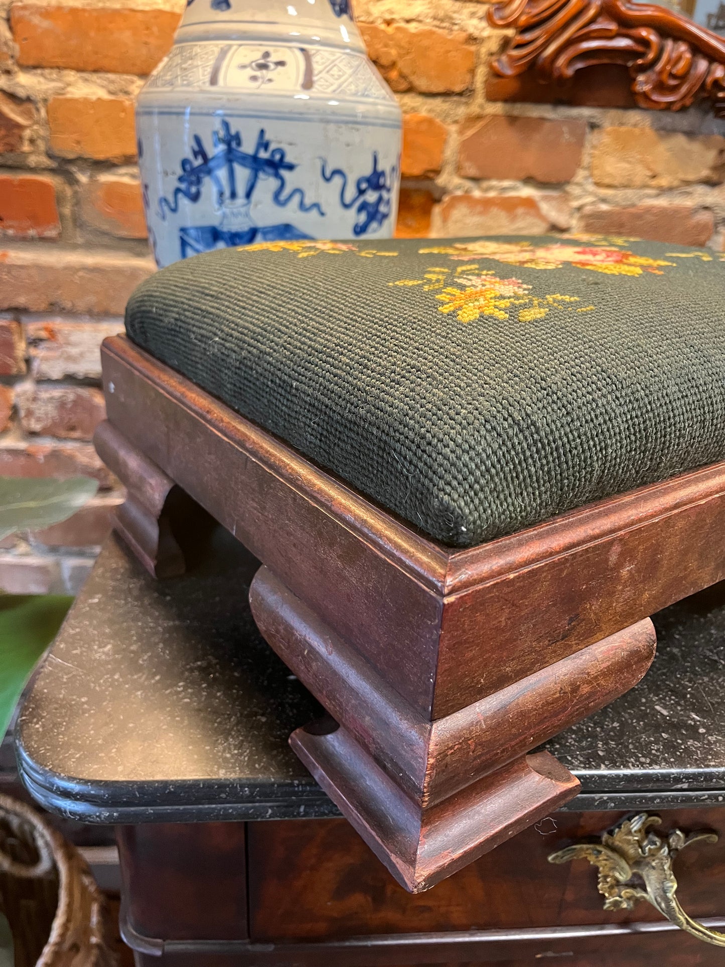 Late 19th Century Needlepoint Footstool – Hand-Stitched Floral Upholstery & Carved Wood Base