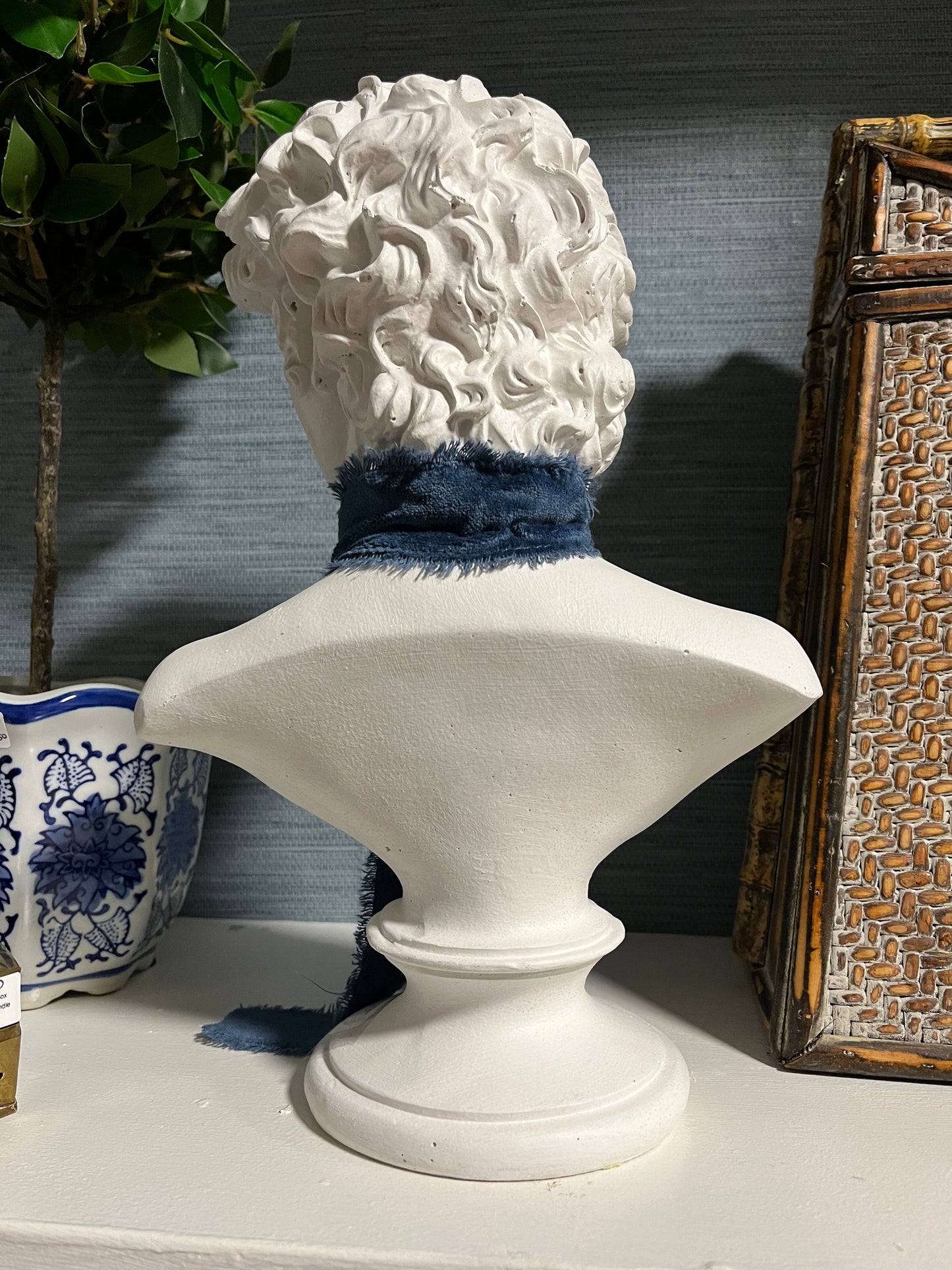 Michelangelo’s David Bust Sculpture with Blue Ribbon Accent