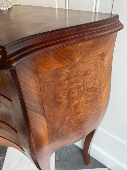 Exquisite Petite Vintage Curved Serpentine Front Burlwood Bombe Chest  |  Nightstand | Side Table