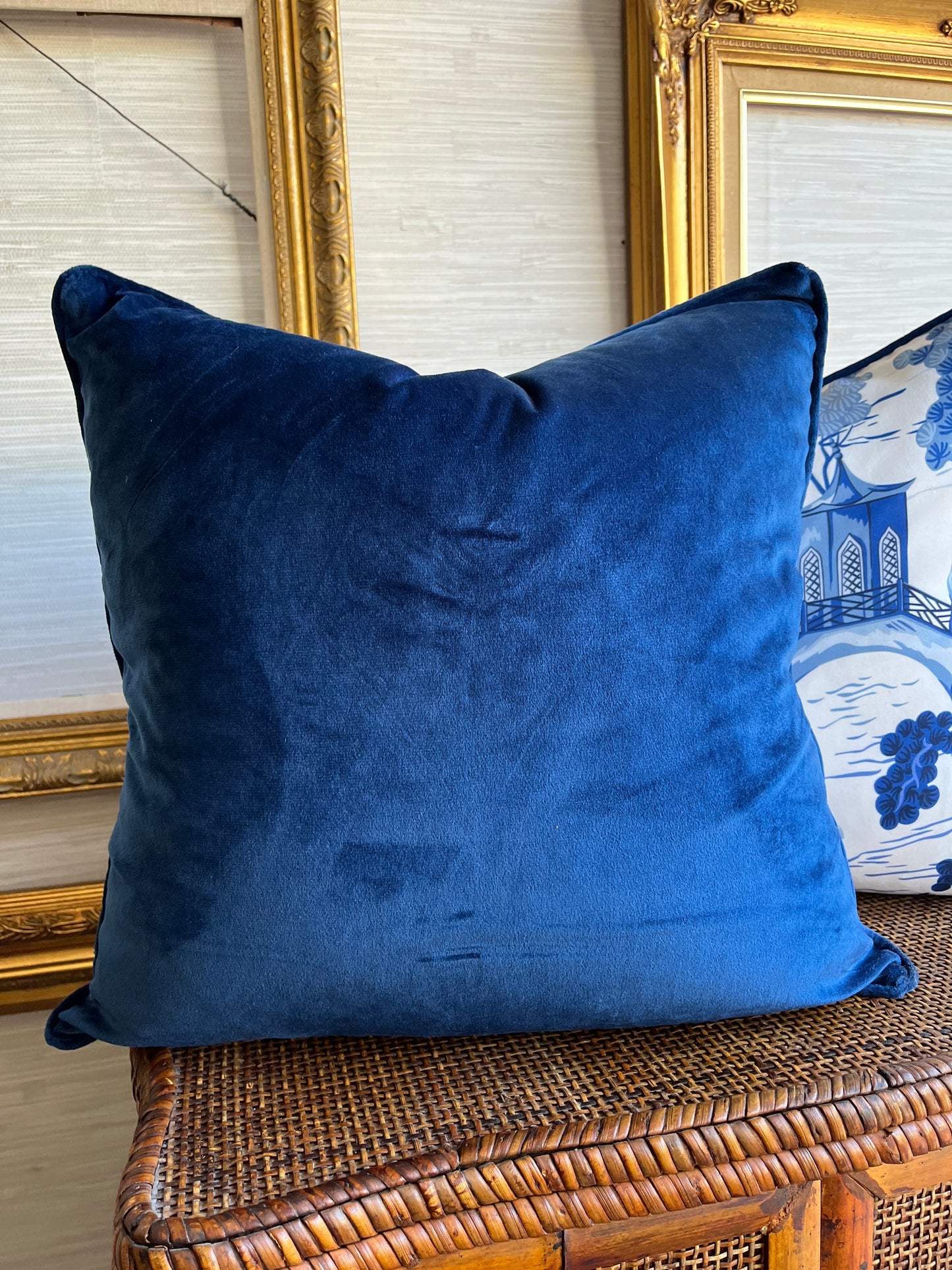 Exquisite Blue and White Chinoiserie Feather Down Filled Pillow Pair