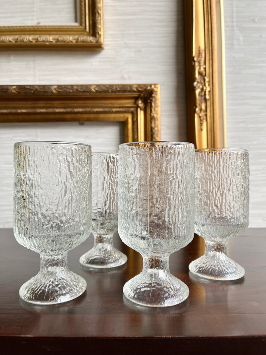 Mid-Century Clear Indiana Glass Frosted  Crystal Ice/Bark Texture Footed Water Wine Goblets Glasses- Set of 4