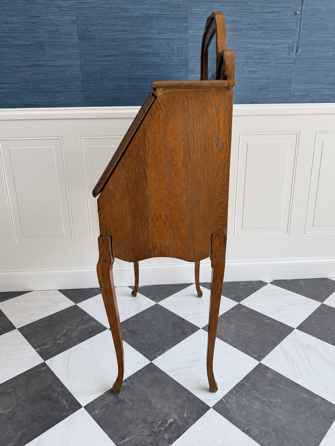 Petite Antique Oak Slant-Front Secretary Ladies Desk with Beveled Mirror & Ram’s-Head Carving