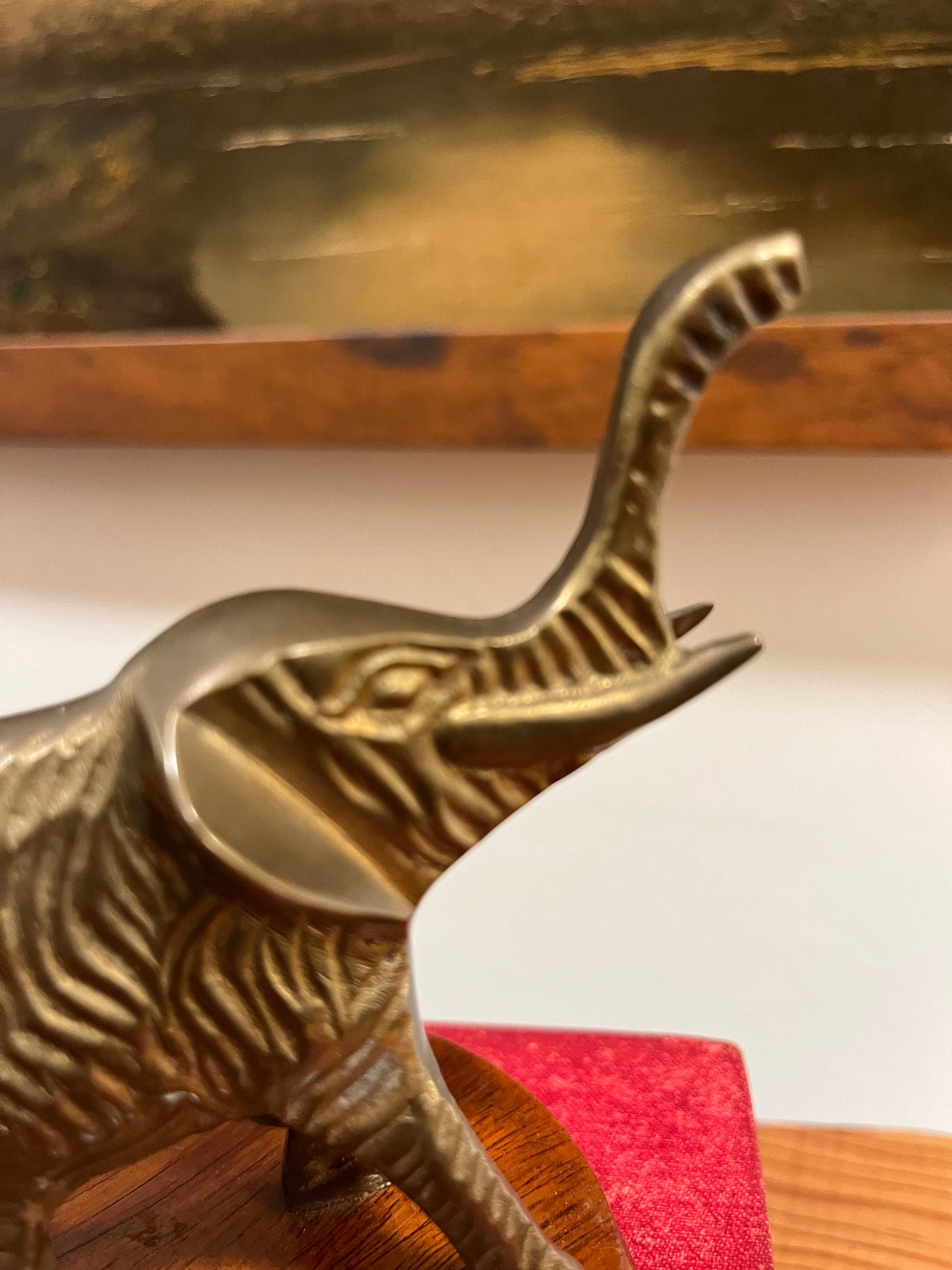 Vintage Brass Lucky Elephant Figurine on Wood Base