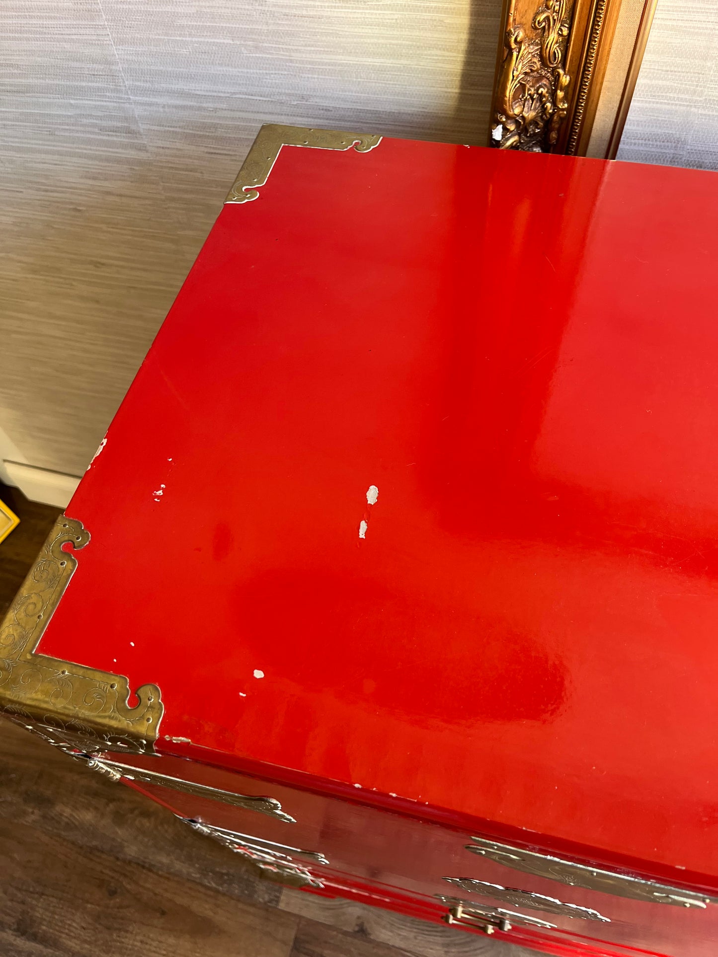 Mid 20th Century Red Lacquer Tansu Chest with Brass Butterfly Pulls