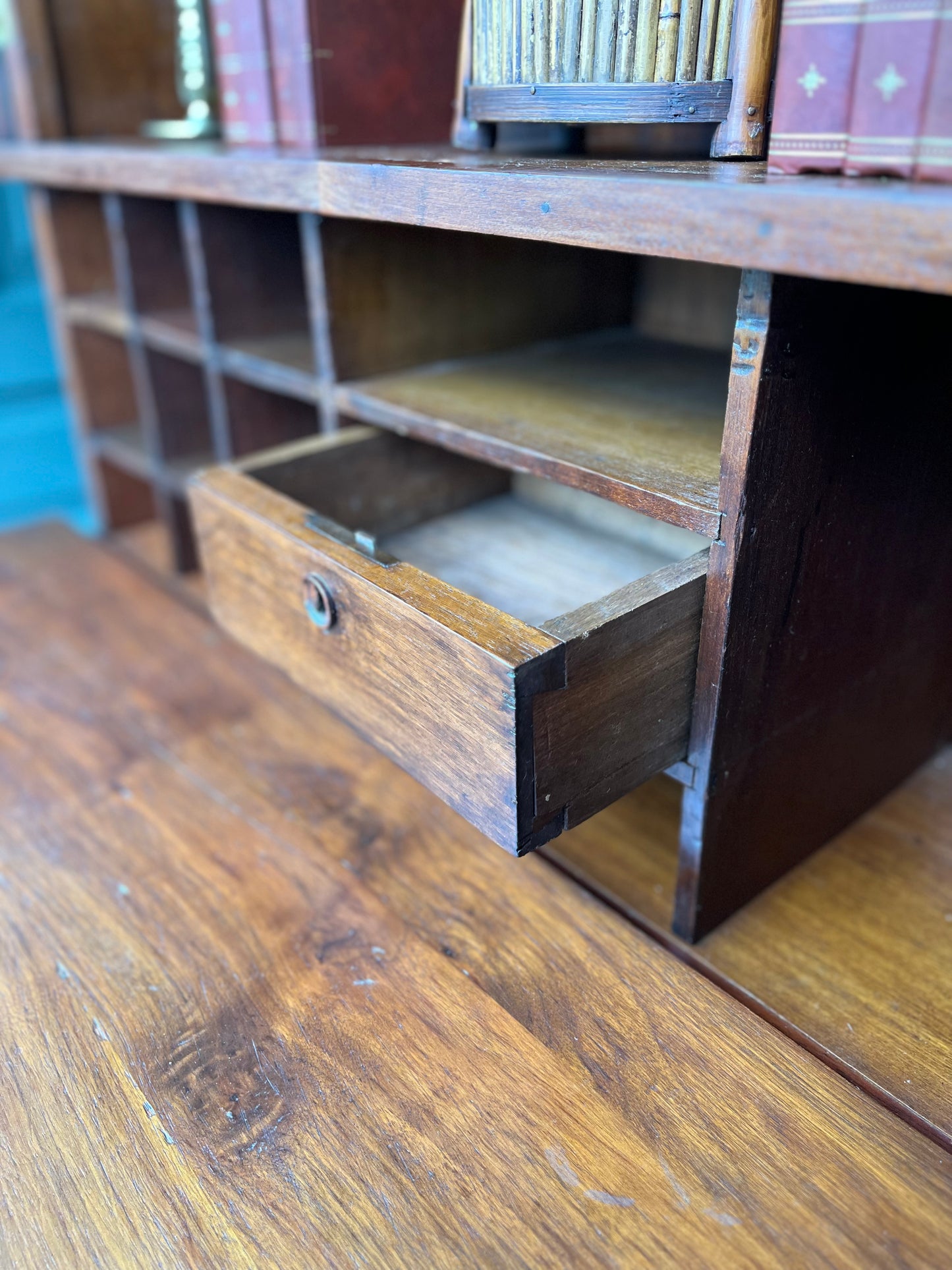 Exquisite Bench-Made Antique Drop Front Plantation Desk with Original Handblown Glass