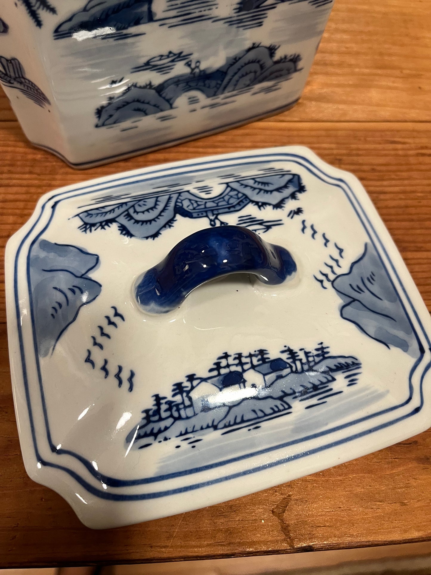 Vintage Chinoiserie Blue and White Ceramic Canister with Lid