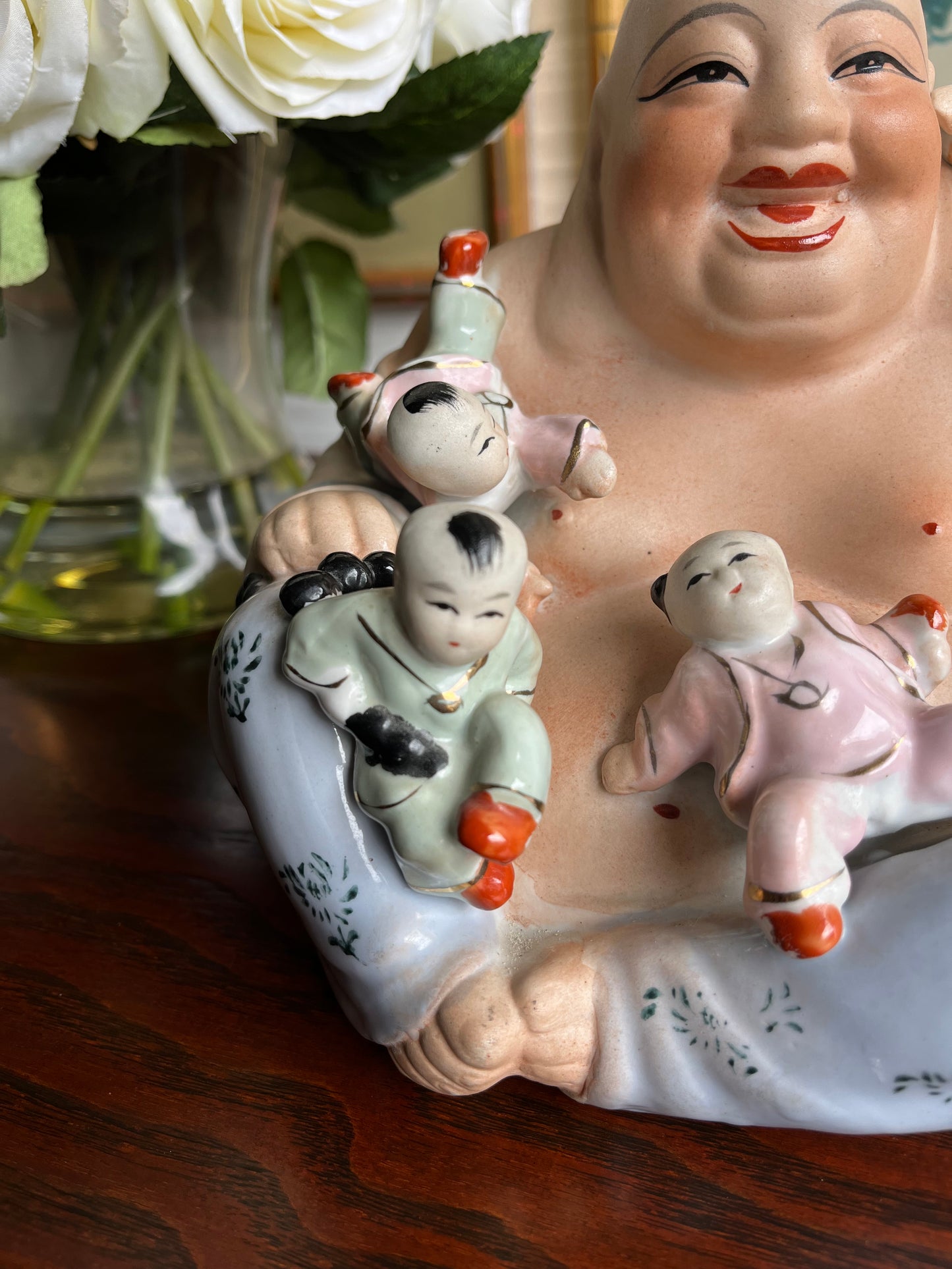 Antique Chinese Porcelain Laughing Buddha With Children Wealth Fertility Statue