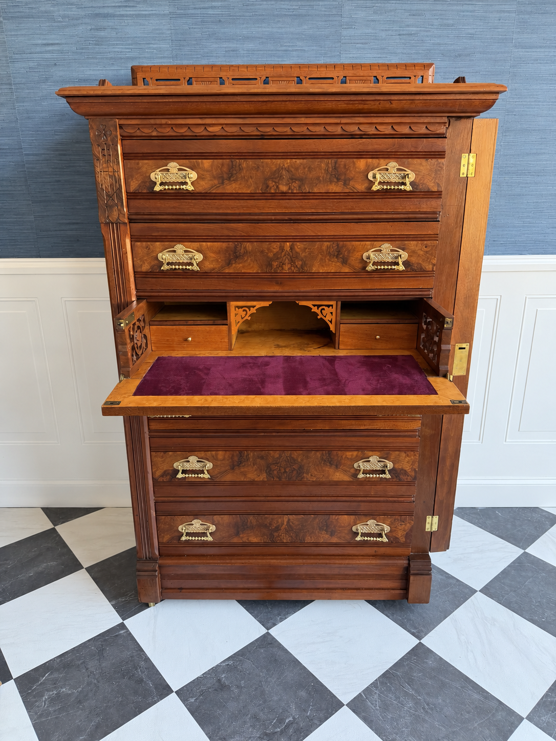 Antique 19th Century Eastlake Secretaire Chest | Side-Locking Burl Walnut Chest with Hidden Writing Desk