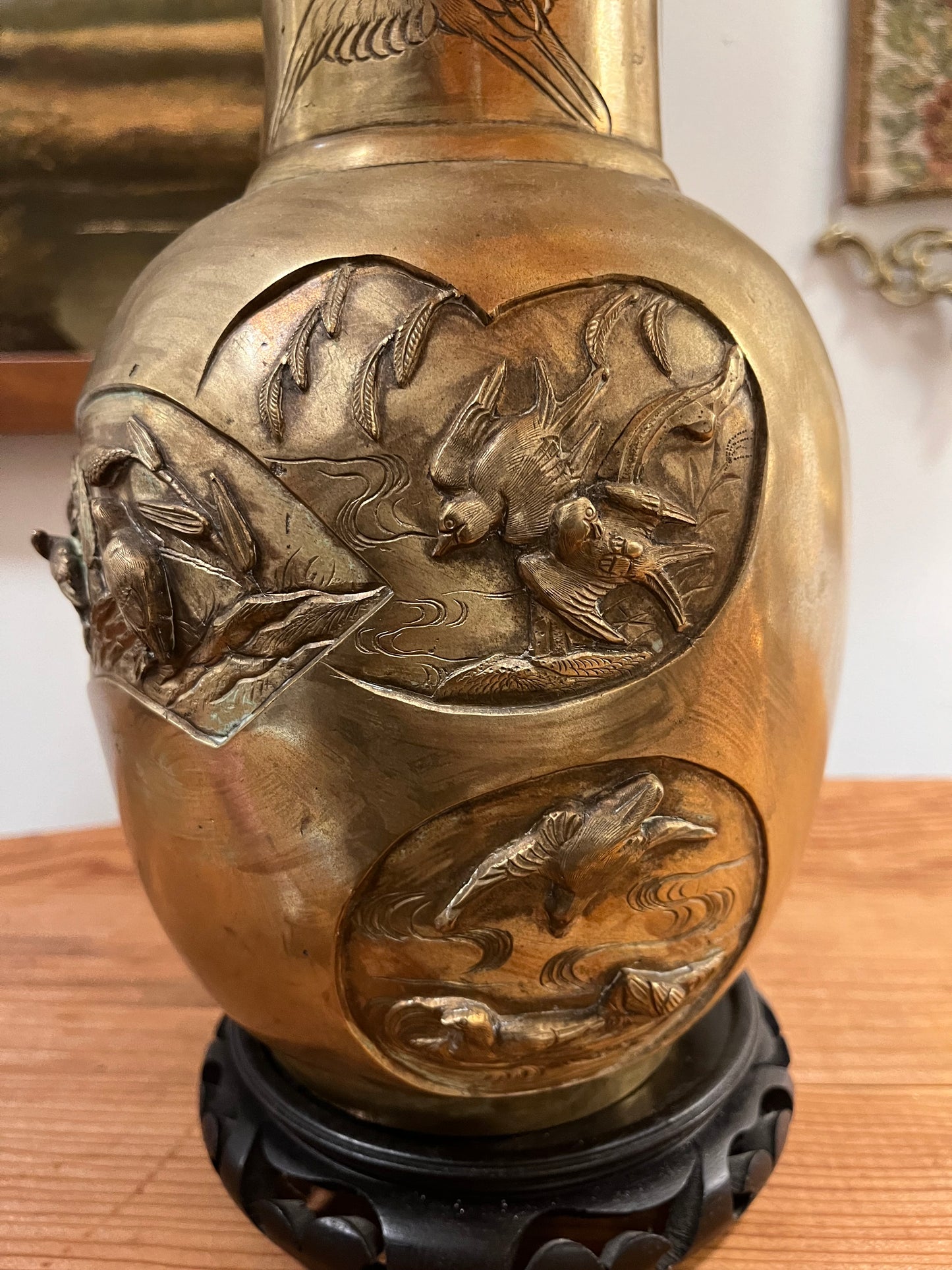 19th Century Hand-Etched Bronze Asian Vase with Wooden Base – Intricate Relief Design