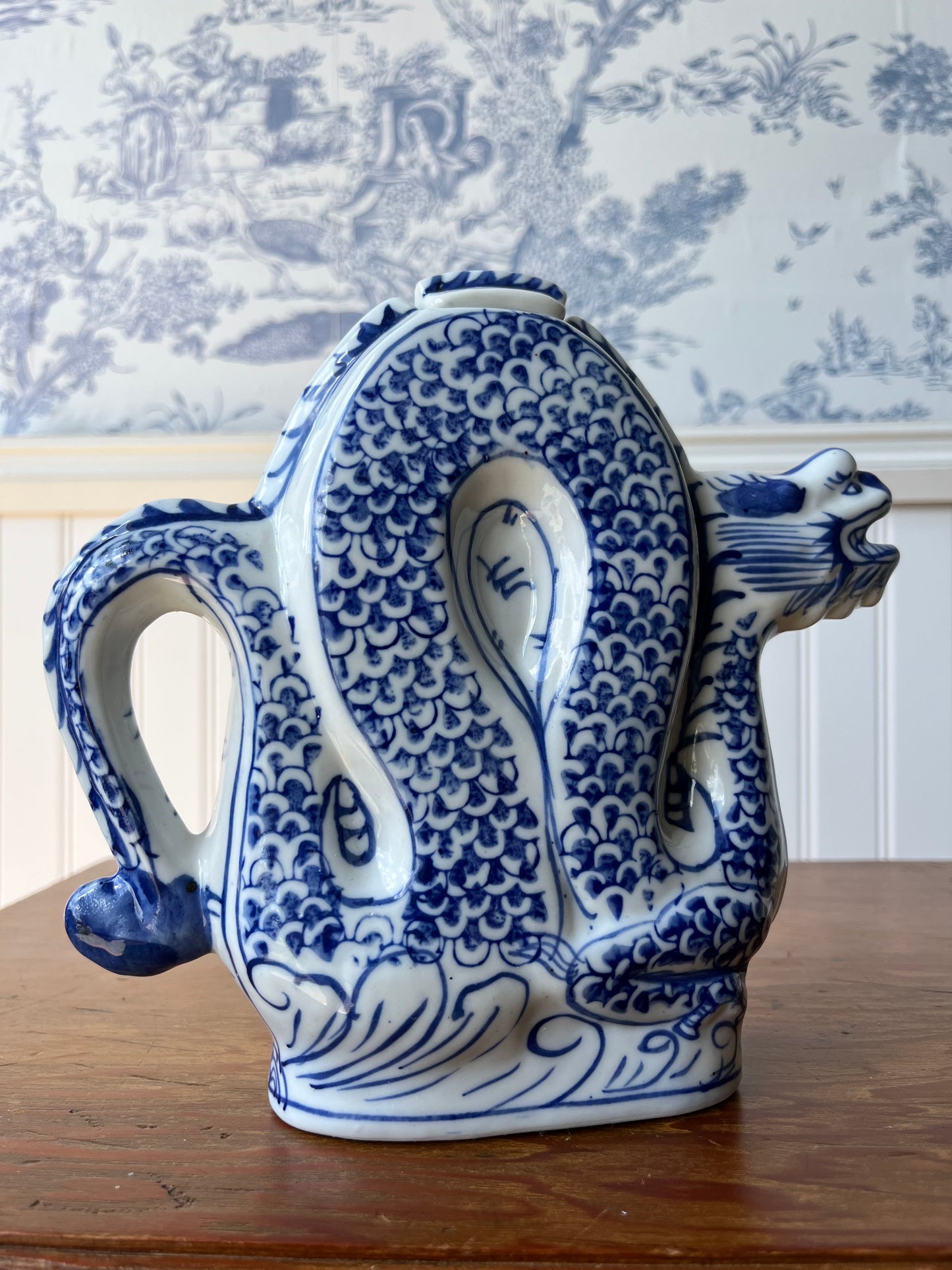 Vintage Hand Painted Blue and White Porcelain Chinese Dragon Teapot with Reign Mark