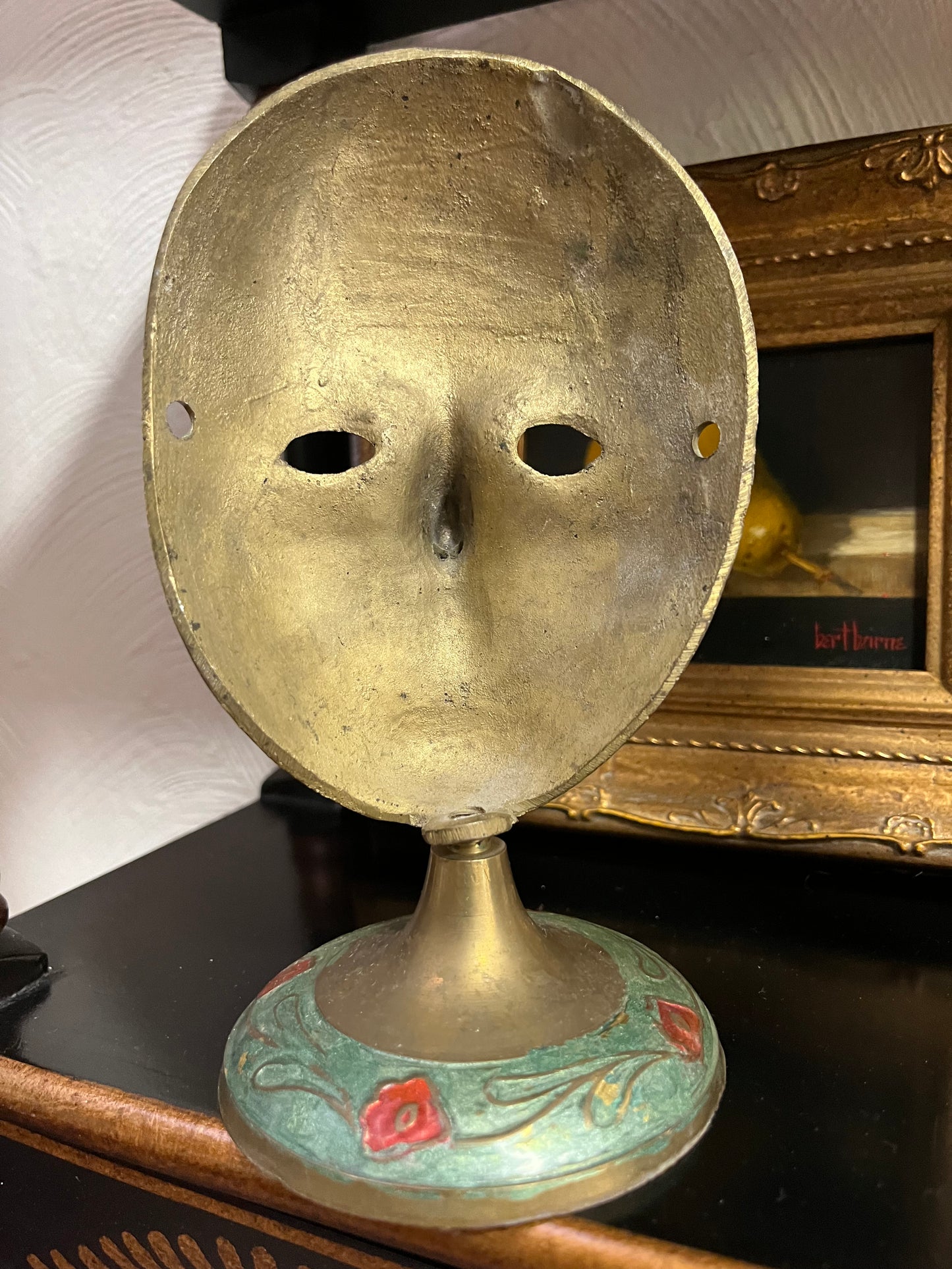 Vintage Enameled Brass Theatre Carnival Mask Figure, Made in India