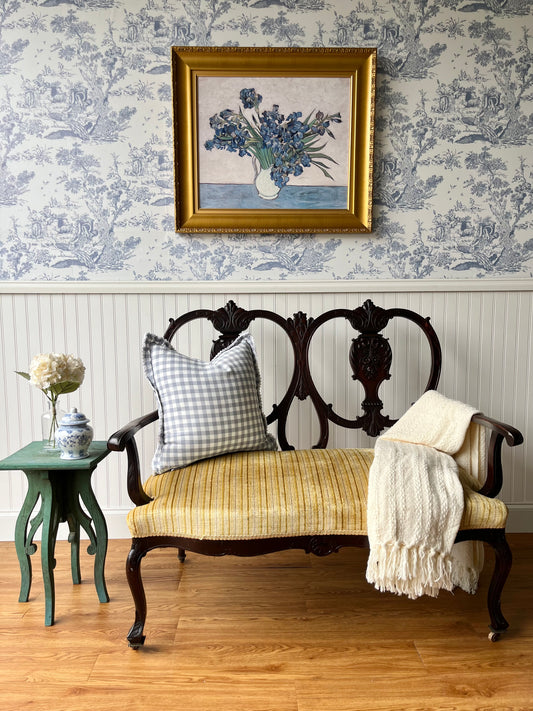 Antique Hand Carved Floral Settee Wood Bench With Original Wood Casters | 19th Century | Ships Free