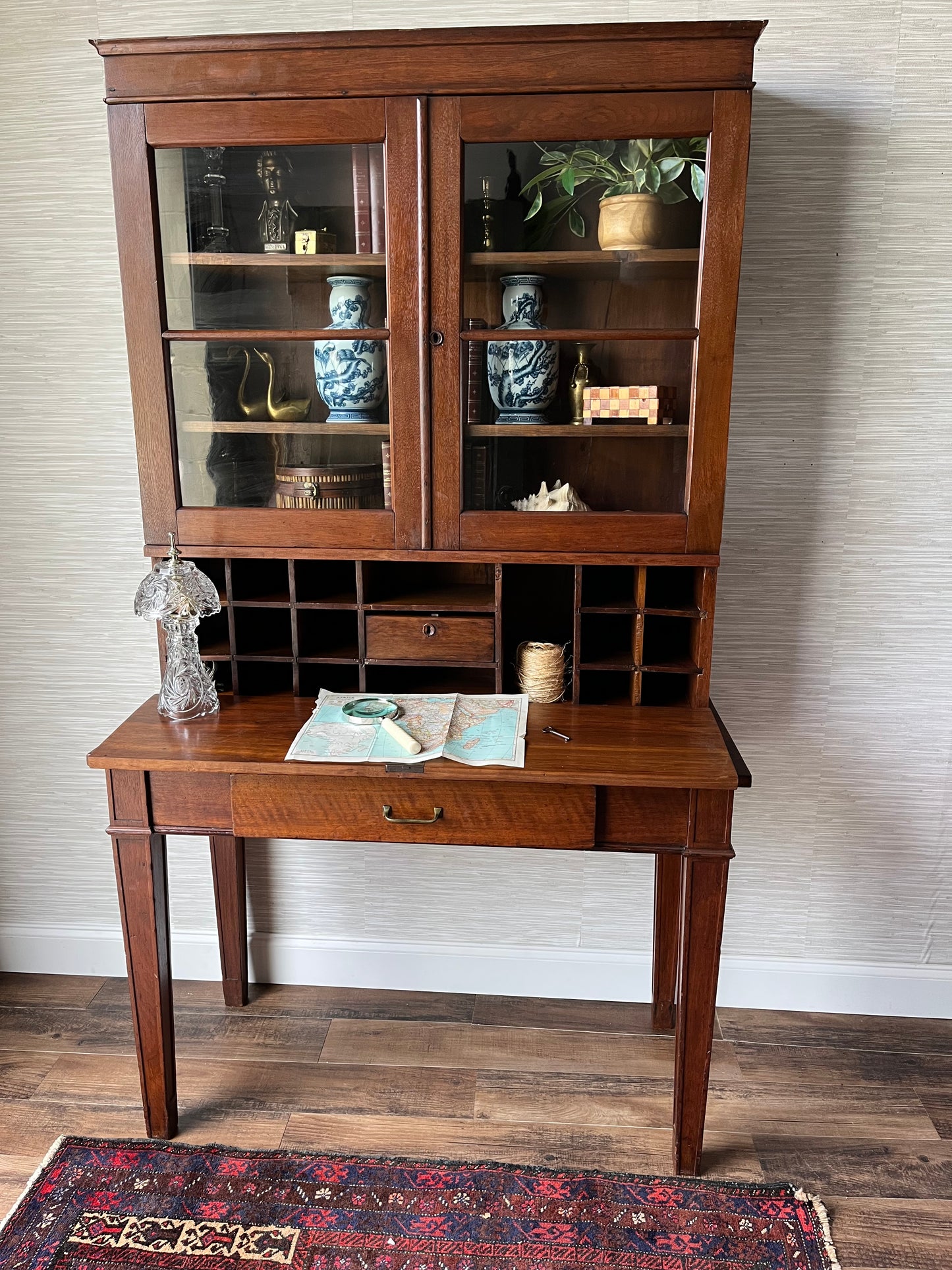 Exquisite Bench-Made Antique Drop Front Plantation Desk with Original Handblown Glass