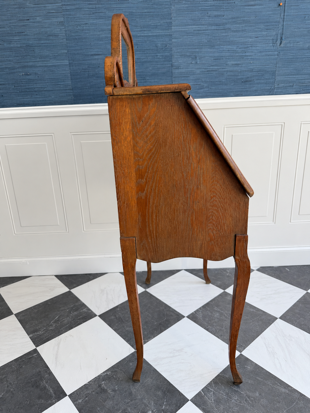 Petite Antique Oak Slant-Front Secretary Ladies Desk with Beveled Mirror & Ram’s-Head Carving