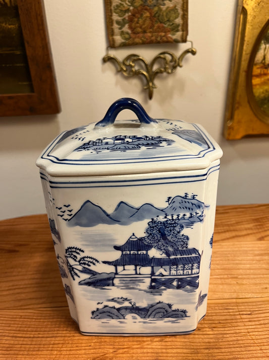 Vintage Chinoiserie Blue and White Ceramic Canister with Lid