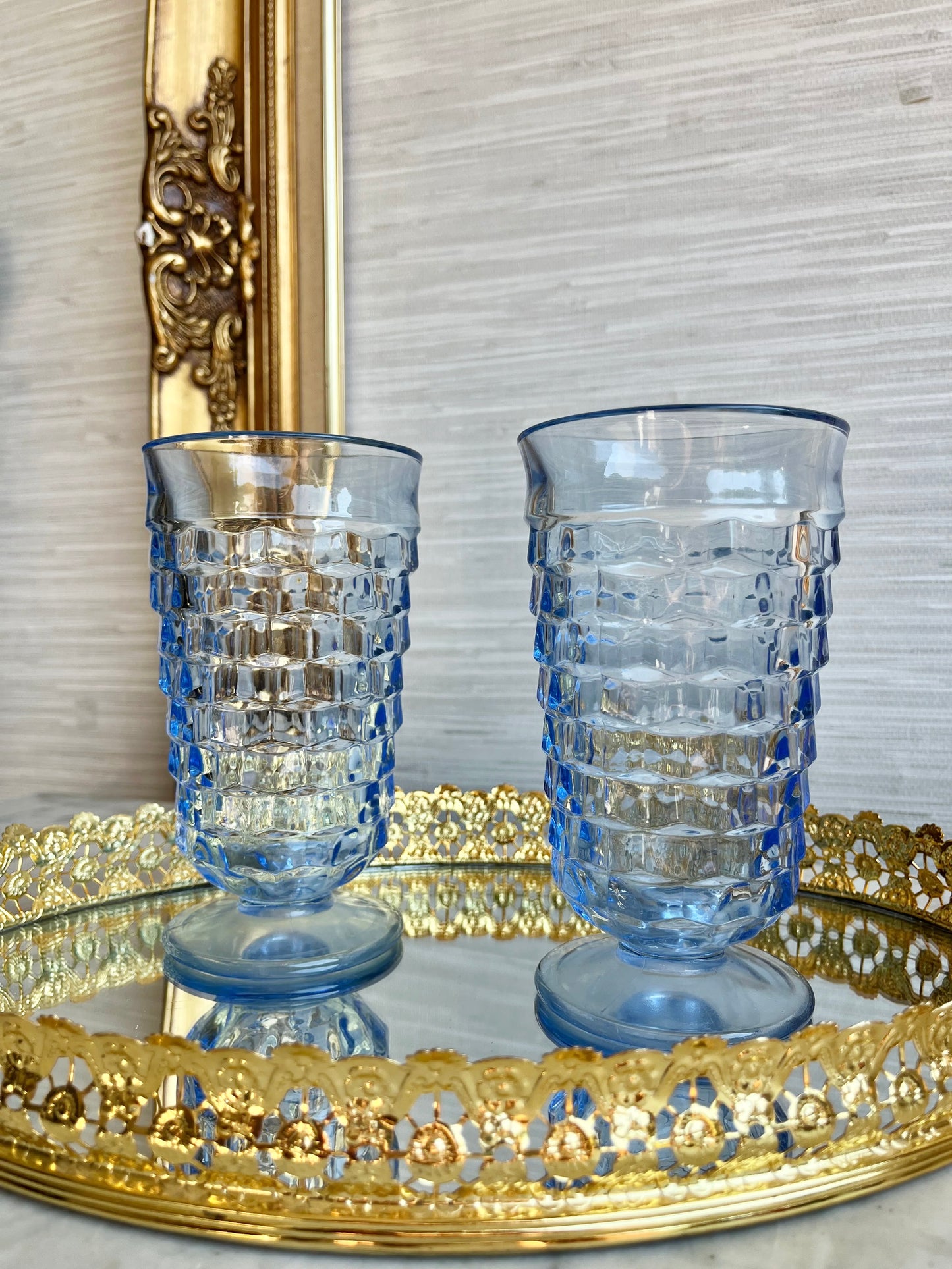 Vintage Barware Indiana Glass Colony Whitehall Blue Set of 2 Ice Tea Glass Footed Tumbler Glasses