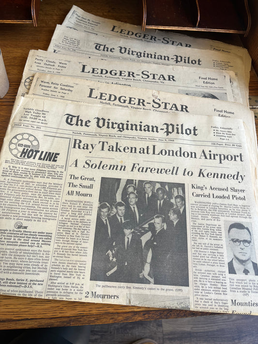Stack of 1968 Virginia Pilot / Ledger Star JFK Assassination Newspapers