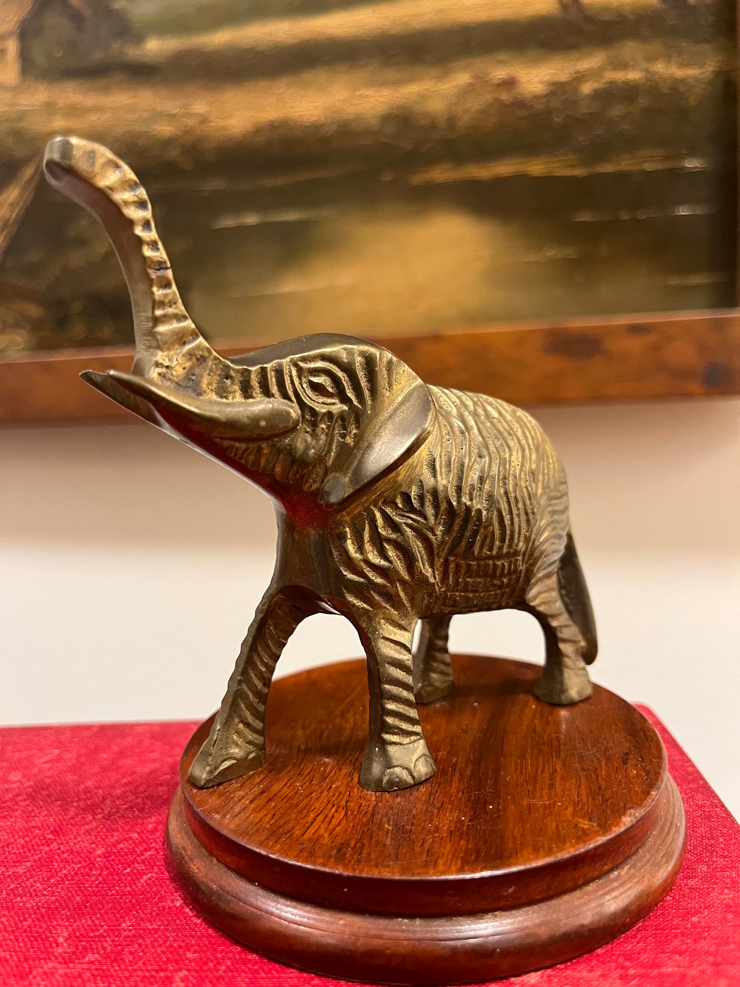 Vintage Brass Lucky Elephant Figurine on Wood Base