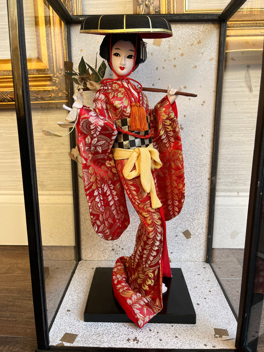 Vintage Japanese Nishi Geisha Doll in Glass Display Showcase Case