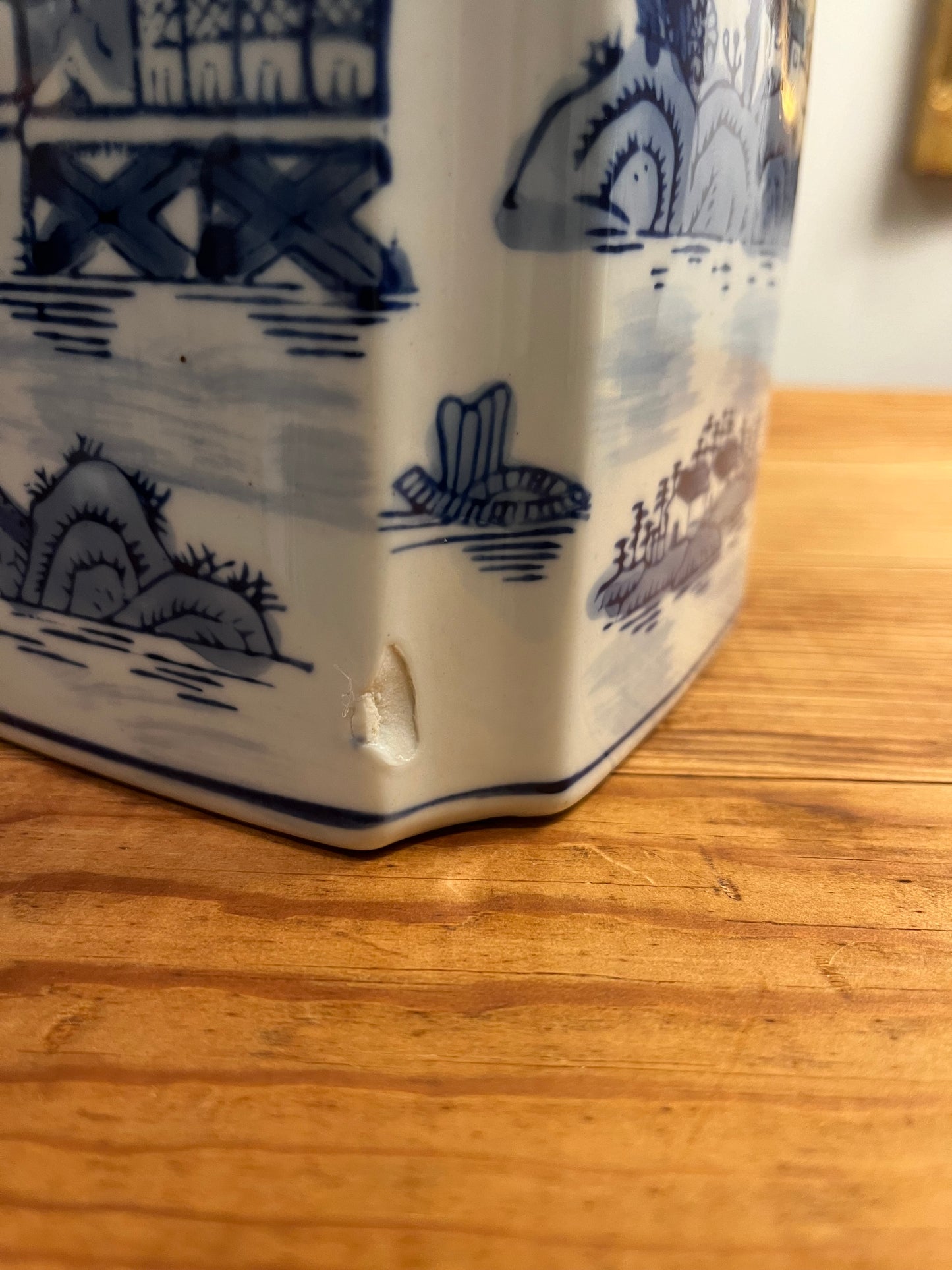 Vintage Chinoiserie Blue and White Ceramic Canister with Lid