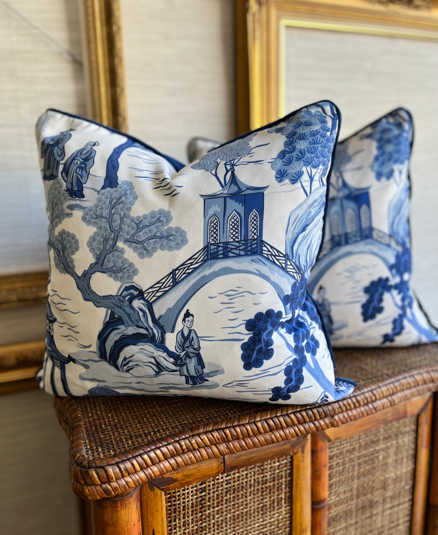 Exquisite Blue and White Chinoiserie Feather Down Filled Pillow Pair