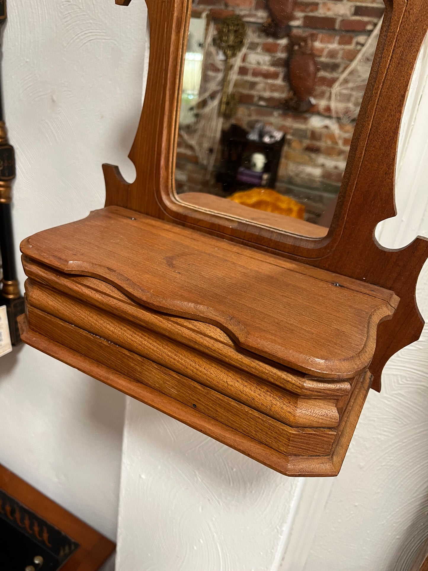 Antique Eastlake Victorian Shaving Wall Mounted Mirror Shelf with Storage – Perfect for Vanity or Entryway