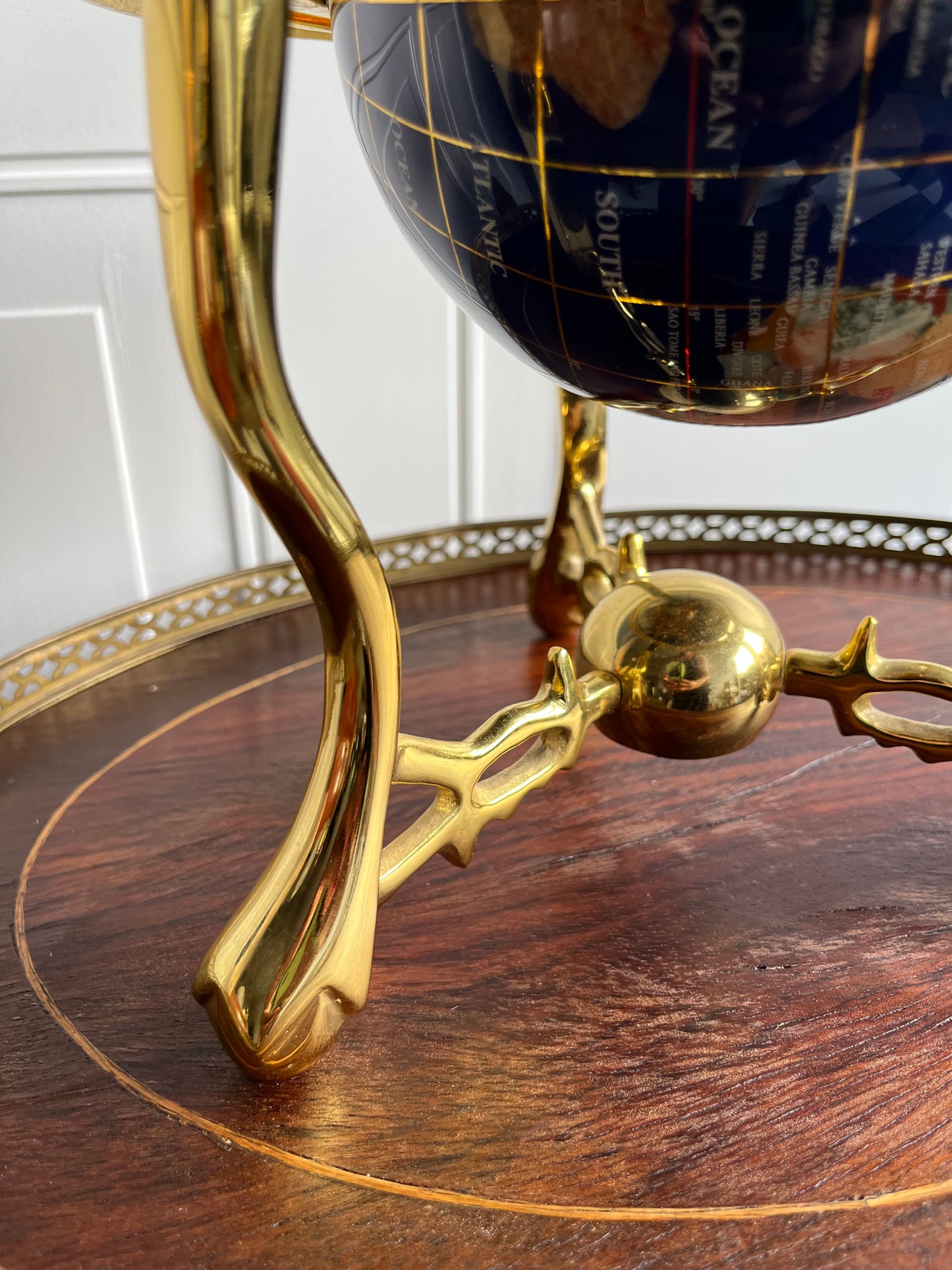 Vintage Blue Lapis Gemstone Desktop  Globe with Brass Stand – Semi-Precious Stone Inlay