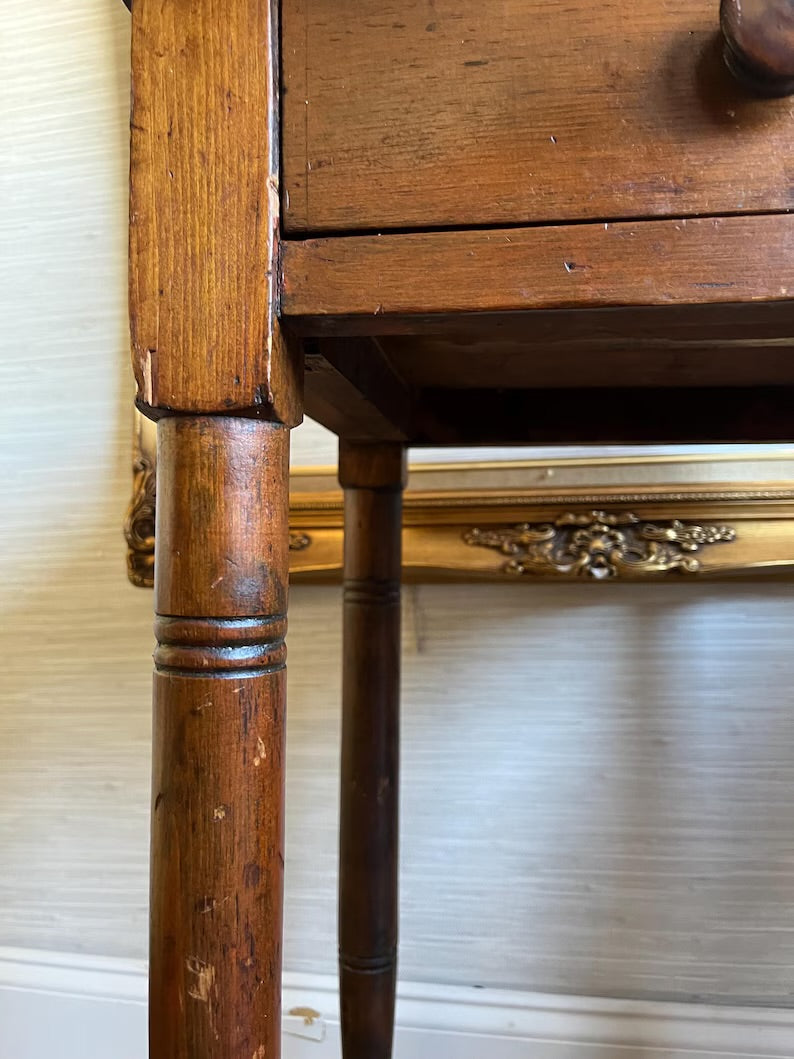 Early 1800s Antique Primitive Pine Side Table  Nightstand With Storage Drawer