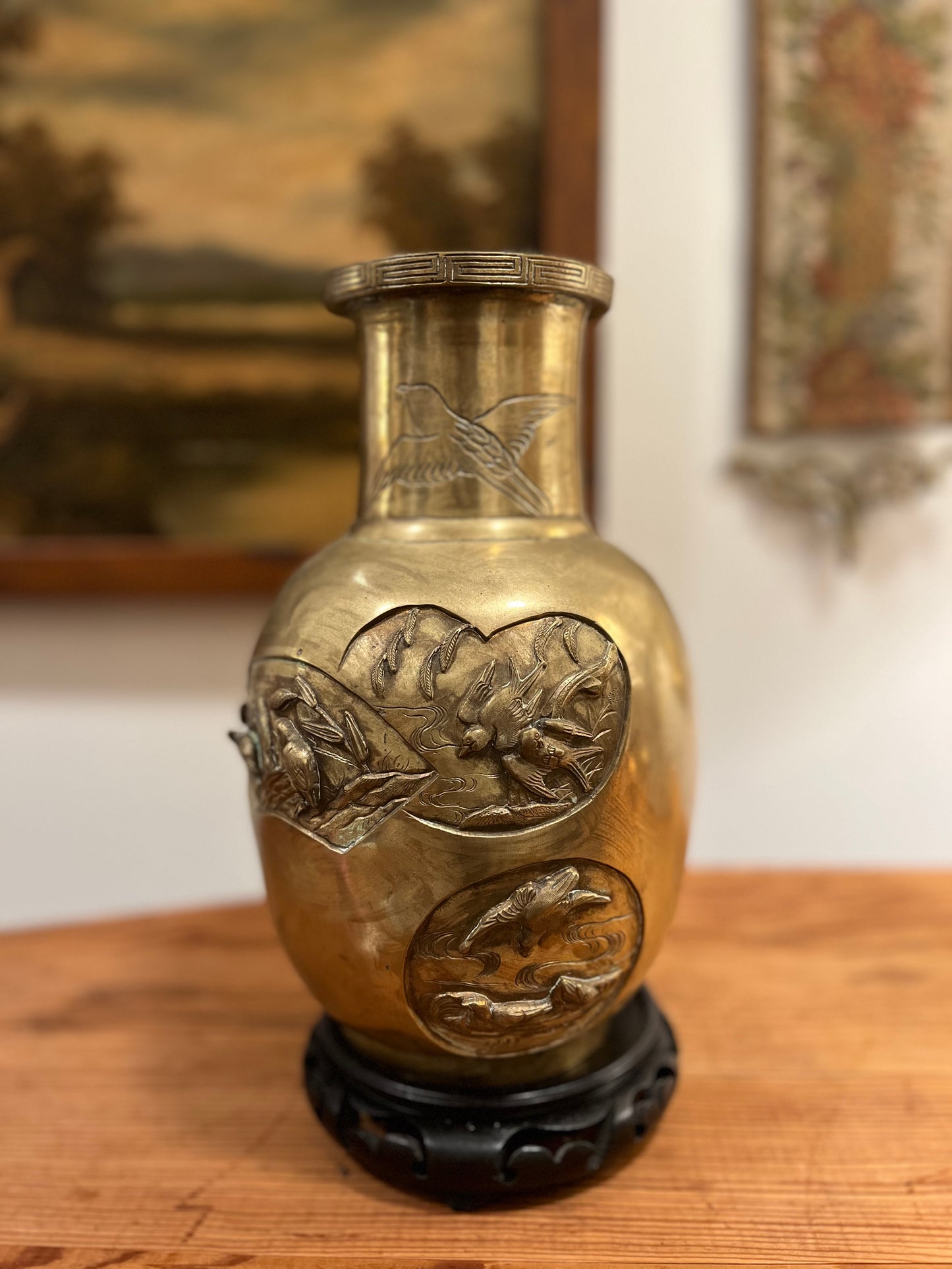 19th Century Hand-Etched Bronze Asian Vase with Wooden Base – Intricate Relief Design