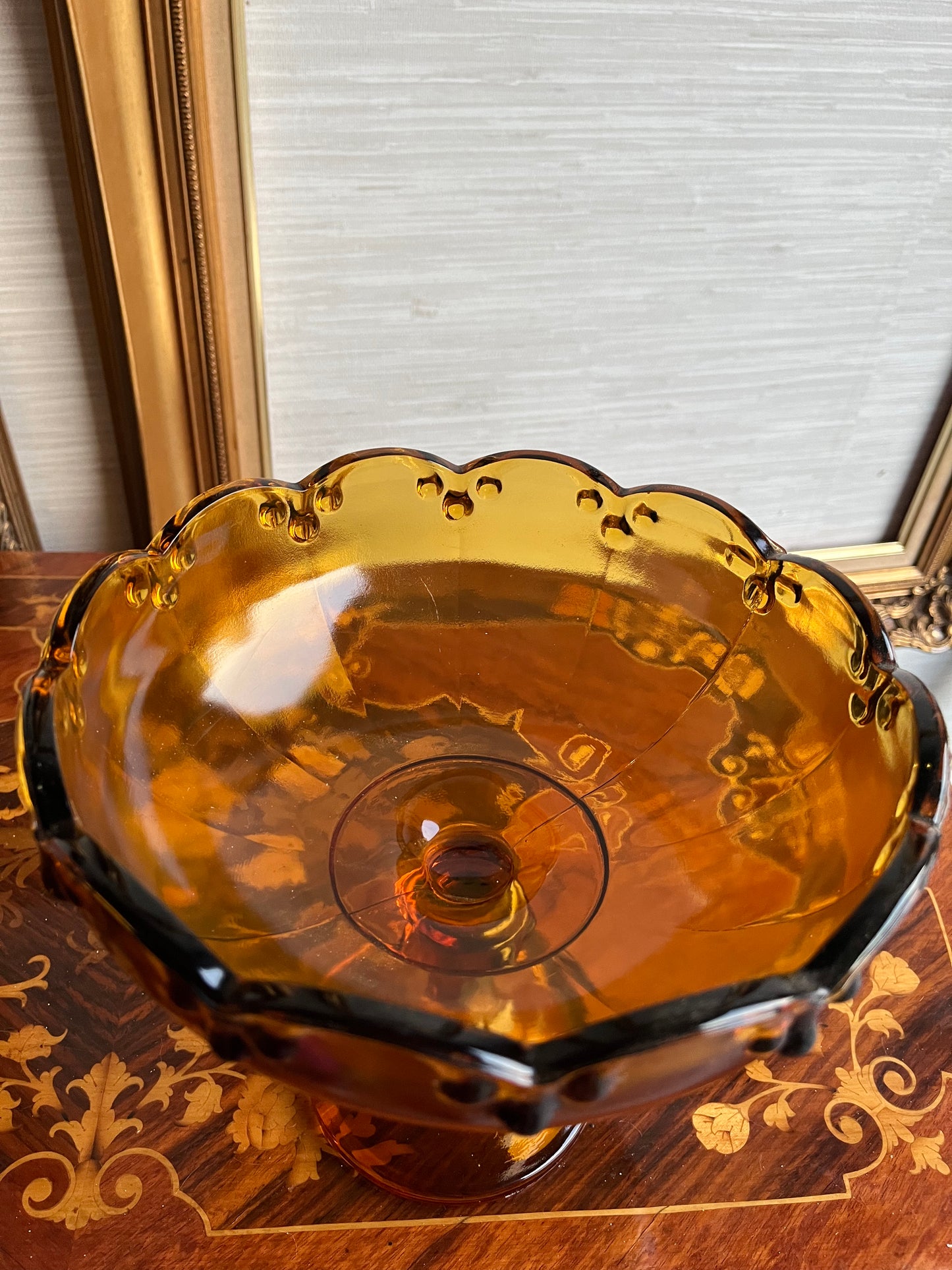 Vintage Amber Glass Teardrop Bowl Raised Pedestal Bowl