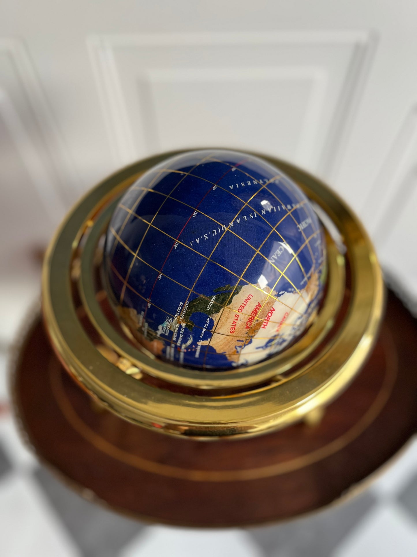 Vintage Blue Lapis Gemstone Desktop  Globe with Brass Stand – Semi-Precious Stone Inlay