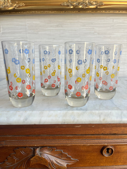 Vintage Floral Highball Glass Mid Century Set of 4