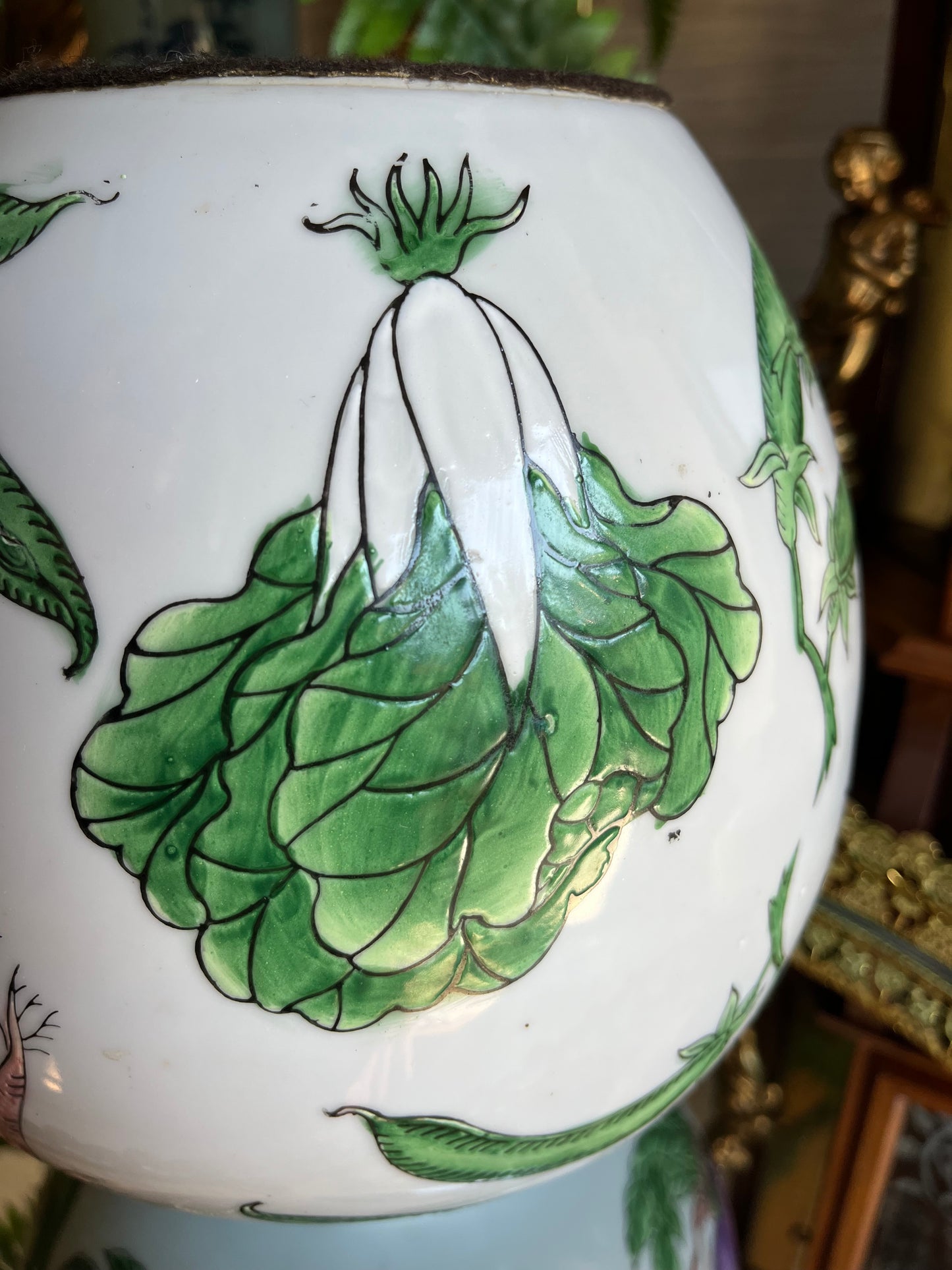 Vintage Chinese Export Porcelain Lidded Ginger Jar with Hand-Painted Bok Choy, Carrots, Beets, and Snow Peas