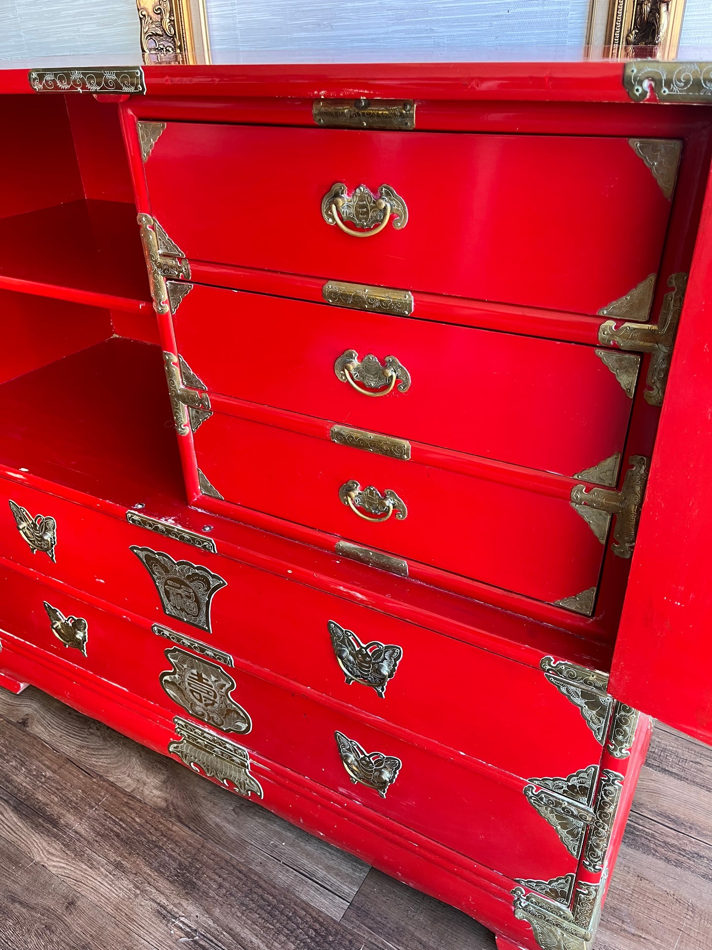 Mid 20th Century Red Lacquer Tansu Chest with Brass Butterfly Pulls