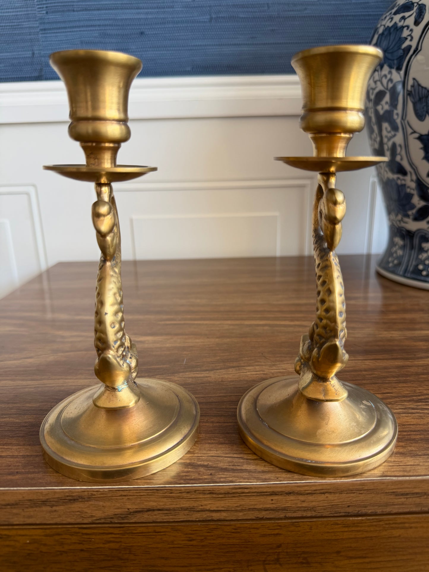 Vintage Pair Of Solid Brass Dragon Candlesticks