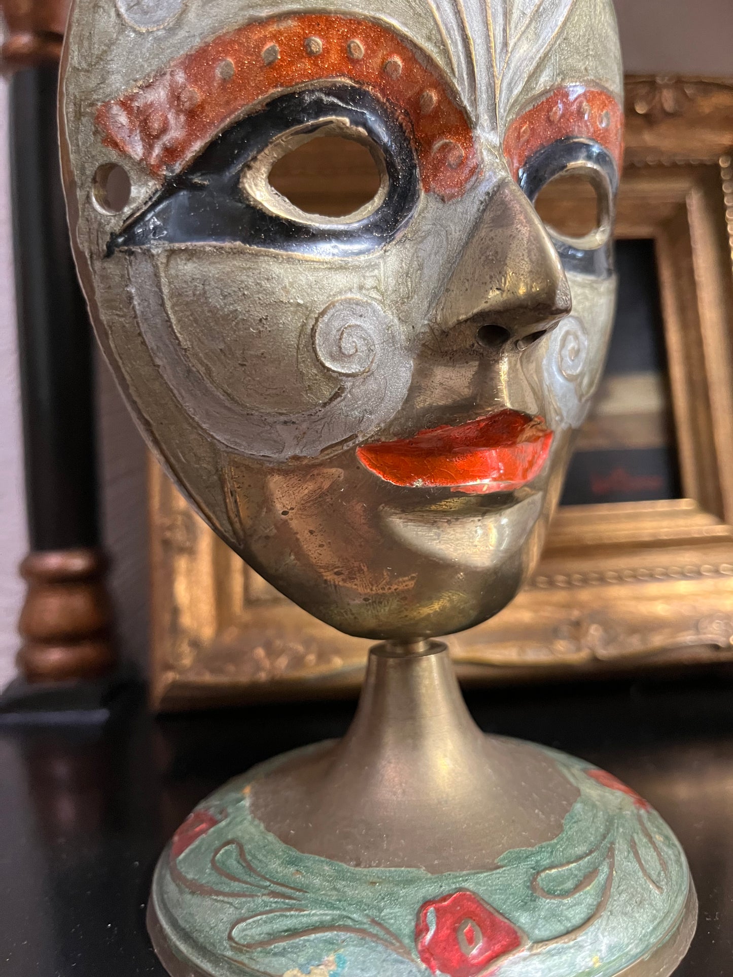 Vintage Enameled Brass Theatre Carnival Mask Figure, Made in India