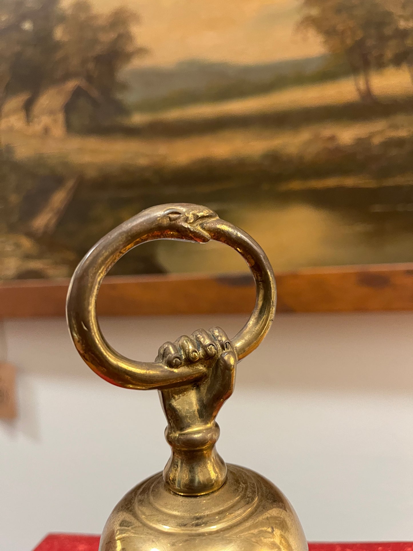 Vintage Brass Hand Bell with Ouroboros Snake and Hand Motif