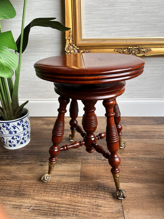 Antique 1900s H. Holtzman & Sons Adjustable Piano Stool with Claw & Glass Ball Feet